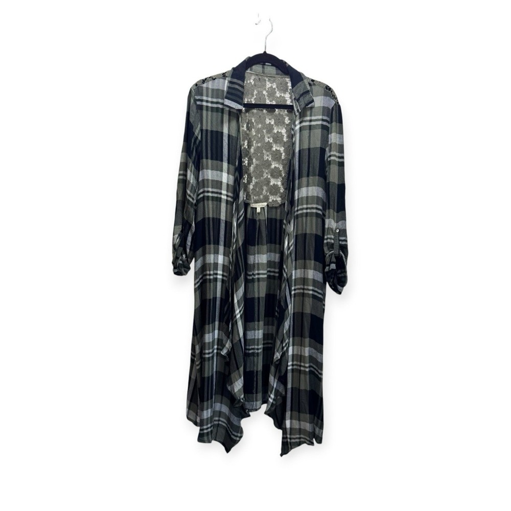 Boho Western Duster Embroidered Lace Plaid Open Front Green Long Cardigan 3X